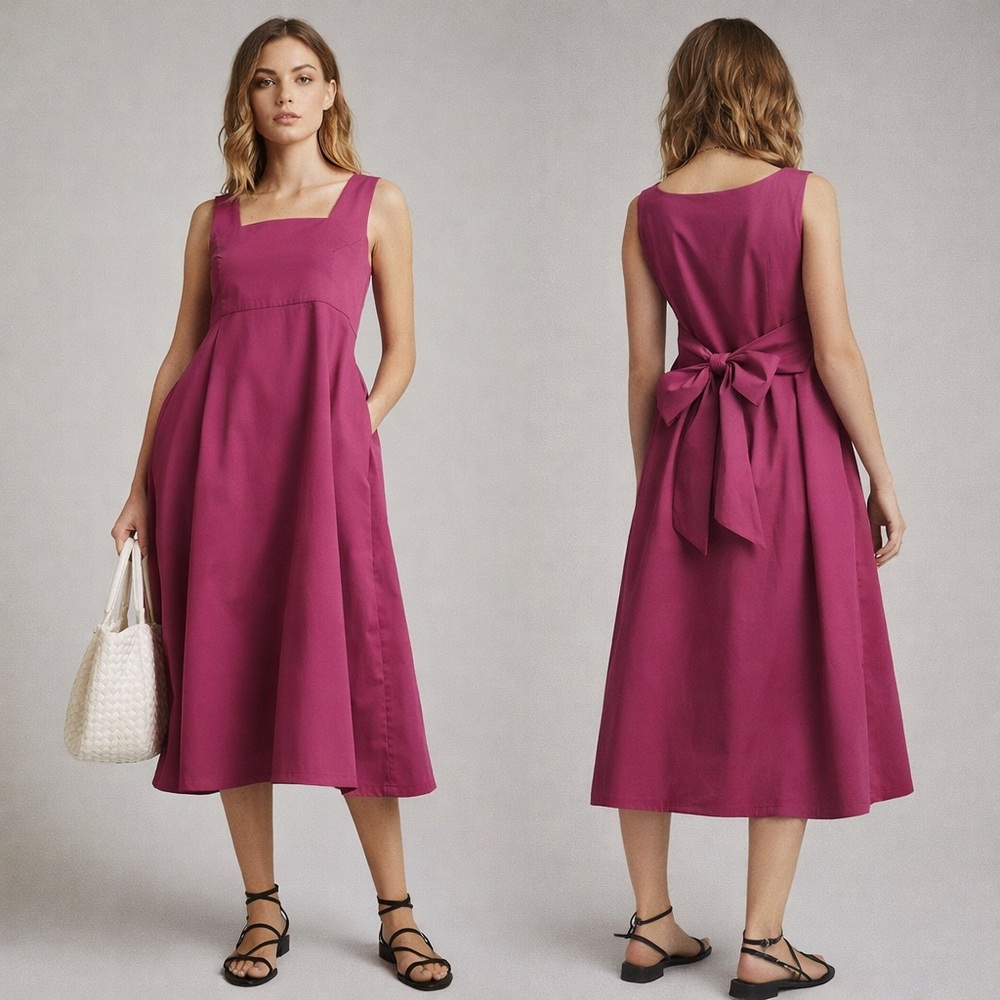 Sleeveless Lagenlook Square-Neck Midi Dress in Magenta